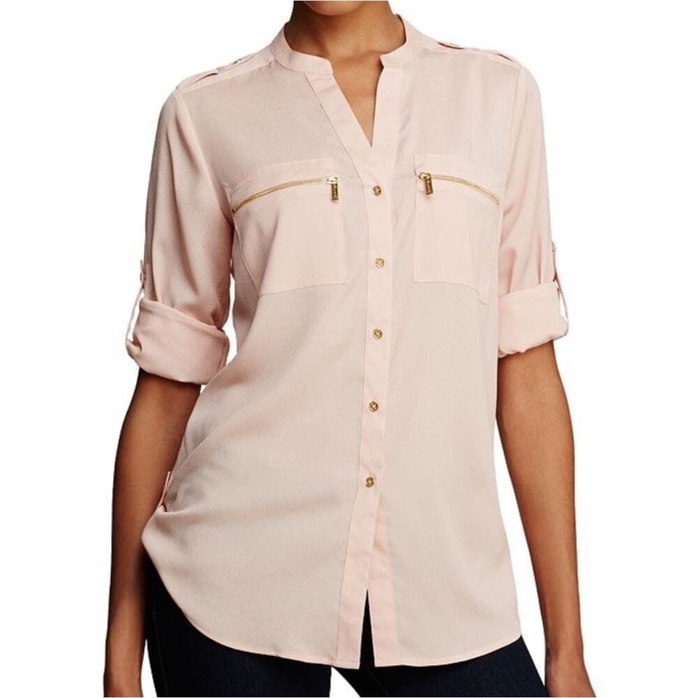 Calvin Klein Zip Pocket Utility Blouse Top Blush Pink Work Business Size Large - Picture 4 of 10